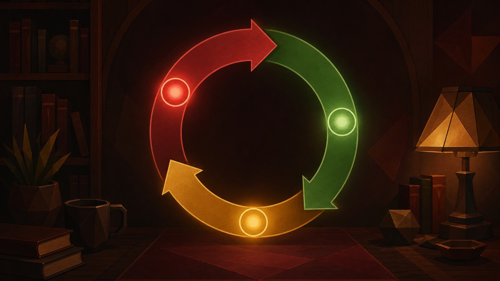 暖色調深色木質書房裡懸浮著一個由紅色、綠色、琥珀金三段箭頭組成的循環環，每一段中央分別有一顆對應顏色的發光圓點，象徵 TDD 紅燈 → 綠燈 → 重構不斷循環的節奏；背景有書架、檯燈、植栽、馬克杯等幾何化的書房元素