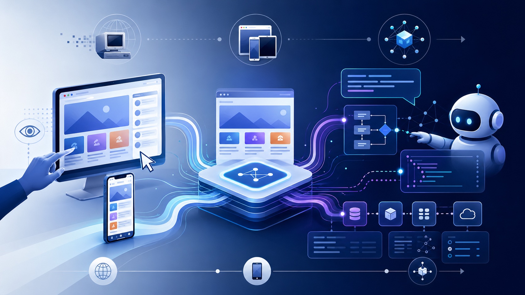 深色科技風橫向時間軸示意圖：左側是 90 年代 CRT 桌機與地球符號，代表早期 web；中央是平板、手機、筆電圍繞一塊發光的平台，代表 RWD 與行動裝置時代；右側是機器人指著流程圖、對話泡泡與資料庫節點，代表 AI agent 操作網站的新階段，三個階段以光帶串連，呼應文章從 UX 走向 AX 的歷史敘事。