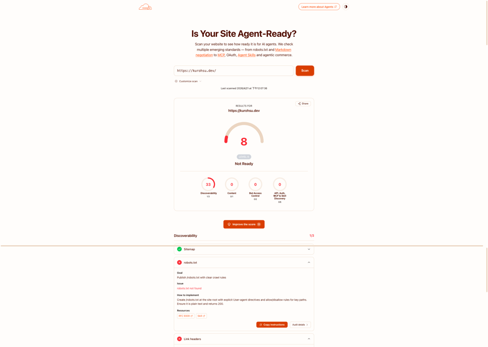 第一次掃描結果只有 8 分，顯示 Not Ready