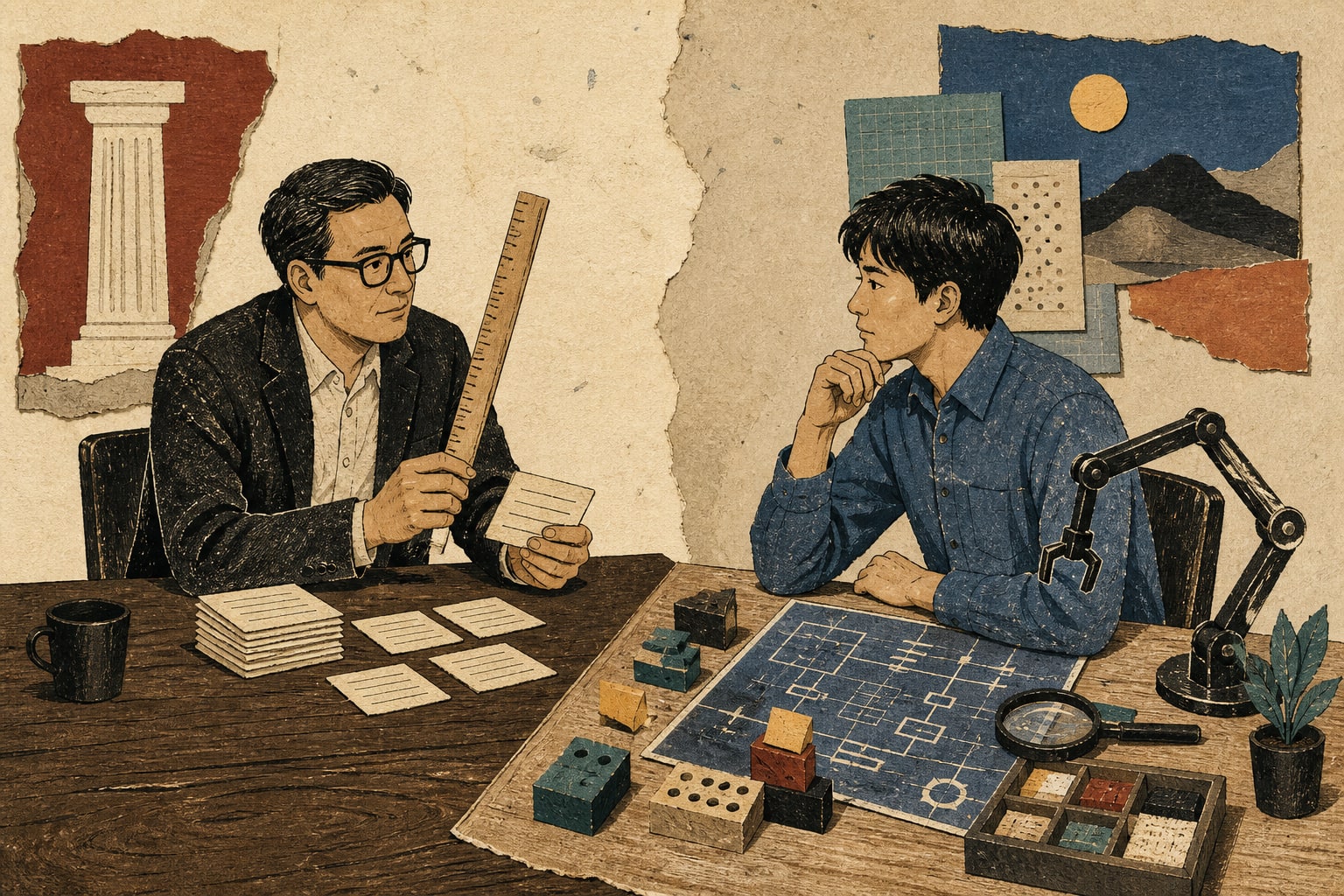復古紙張拼貼與木刻風格插畫：面試官坐在桌子一側，手持舊式木尺與一疊背誦卡；候選人面前則攤著藍圖、模組積木、放大鏡與協作機械臂，象徵傳統徵才量尺難以完整評估 AI 協作下的問題拆解、工具運用與驗證能力。