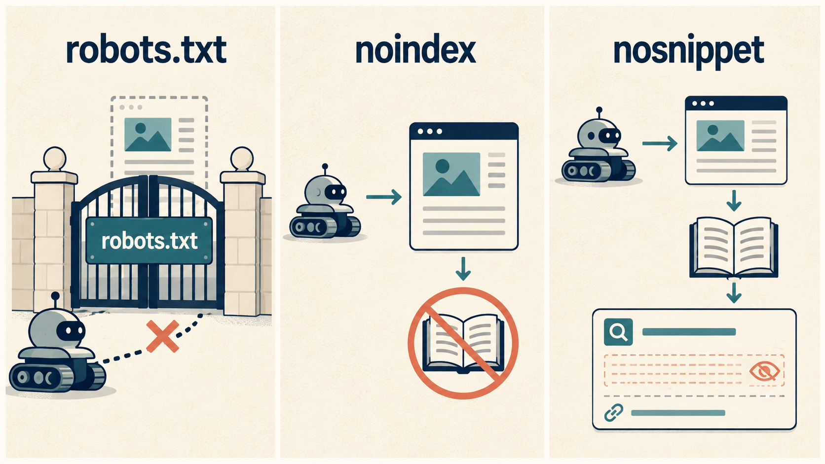 robots.txt、noindex 與 nosnippet 的差異示意圖